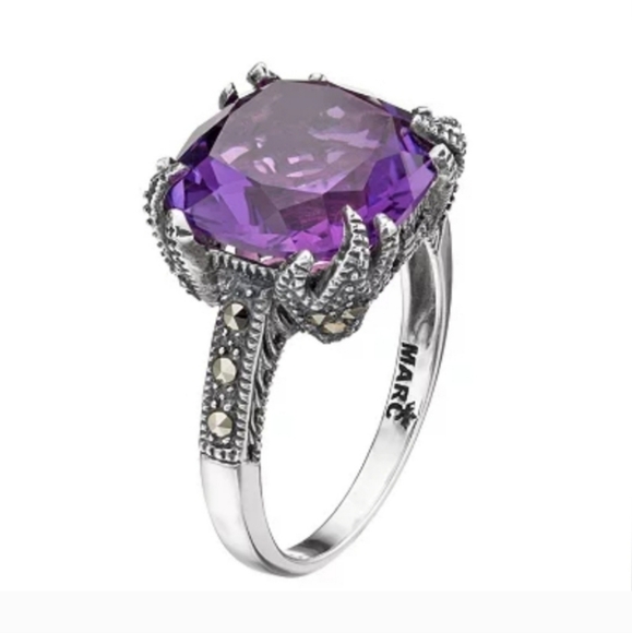 Lavish by TJM Sterling Silver Jewelry - Cushion-cut, lab-created amethyst stone accentuated marcasite & milgrain detail